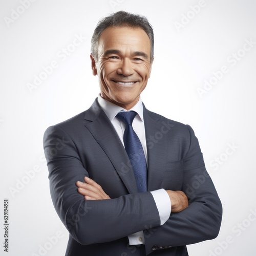 Smiling Businessman, Male Model Man Portrait, Successful professional, Business, Folded. Front view with dark blue tie.