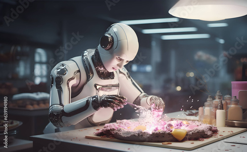Futuristic robot a confectioner or a cook works in a restaurant kitchen. AI generated