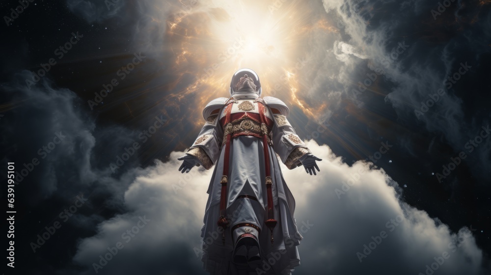 Priest in space suit is flying up in the clouds. Beautiful illustration picture. Generative AI