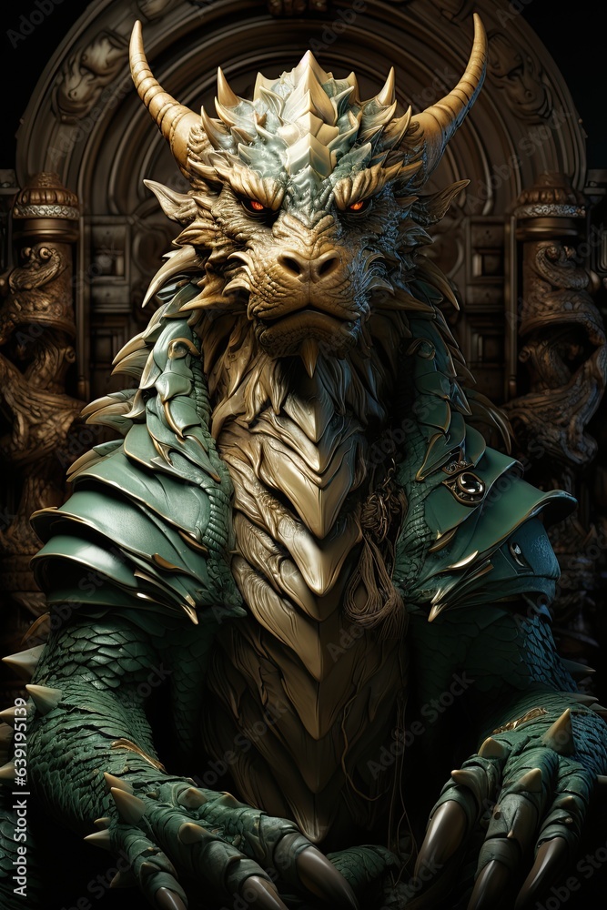 green dragon king on golden throne in the castle, Greeting card for the new year 2024
