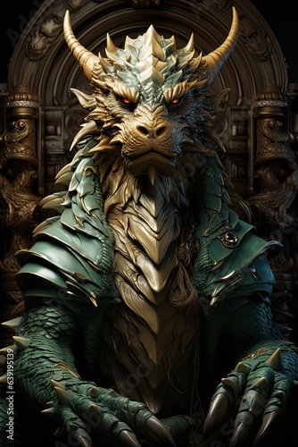 green dragon king on golden throne in the castle, Greeting card for the new year 2024 © alexkoral