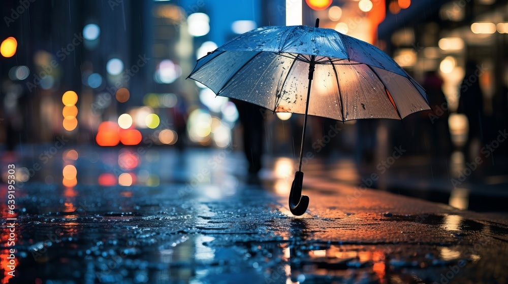 Raindrops on the asphalt of the night city, umbrella. Beautiful illustration picture. Generative AI