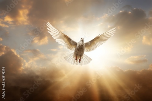 Illuminated by sunlight. Conception of faith. Pigeon is flying up in the sky. Beautiful illustration picture. Generative AI