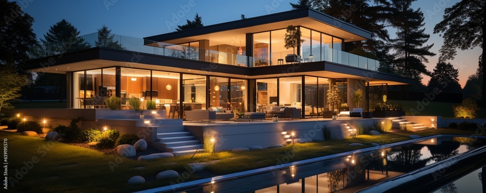 A contemporary home's exterior in the dark with inside lights.