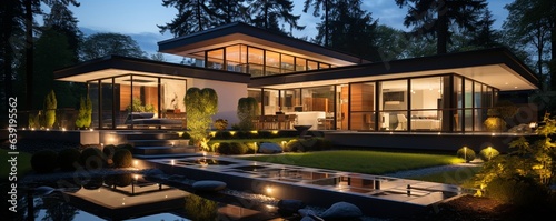 A contemporary home's exterior in the dark with inside lights.