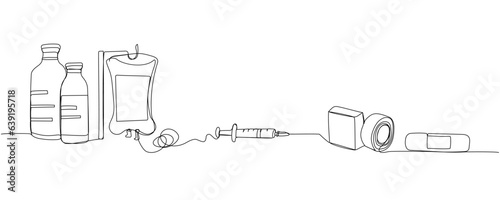 Medical Dropper, catheter set. Drop counter, Saline Bottle, syringe, injection, medical tape, equipment one line art. Continuous line drawing of medication, disposable, tool, anesthesia, surgery