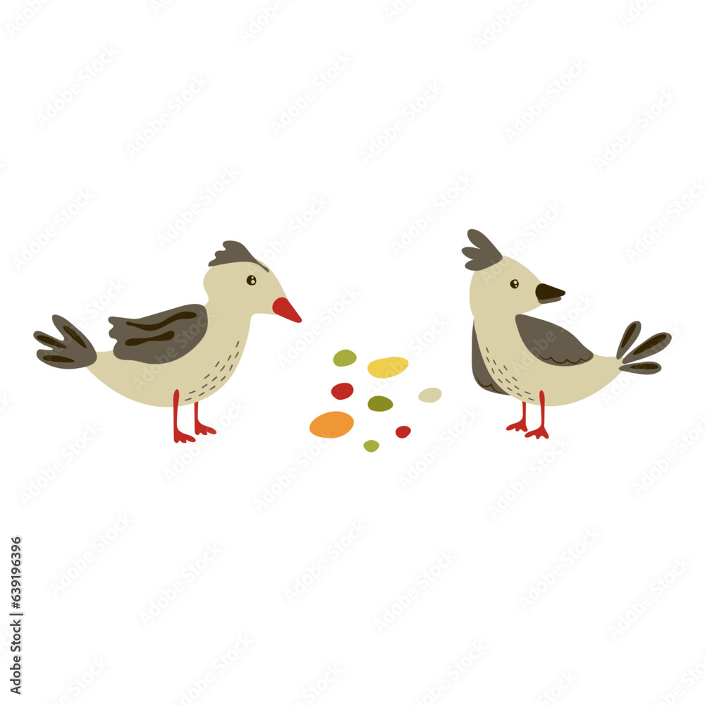 Two birdies isolated on a white background. Sparrows peck at grains. clip art