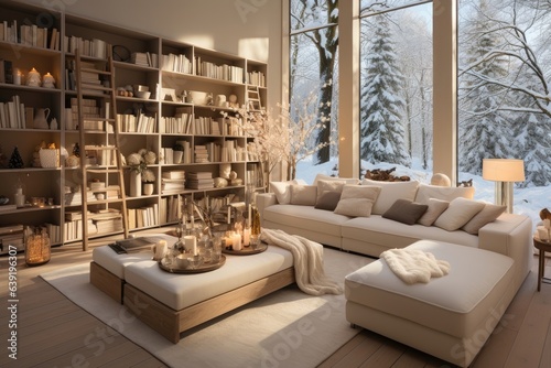 A snug living room boasting an off-white ambiance  and offering a view of a snow-covered forest  creating a serene and wintery atmosphere. Photorealistic illustration  Generative AI