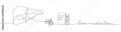 Liver medications, Hepatoprotector set. Blister pack, tablets, pills, capsules, medicines, herbal, medicine one line art. Continuous line drawing of treatment, medication, medical, pharmacy therapy