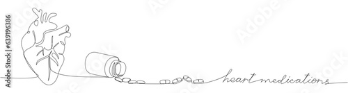 Heart medications set. Blister pack, heart, tablets, capsules, packaged medicines, herbal, medicine one line art. Continuous line drawing of treatment medication, pharmacy, therapy