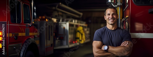 A smiling man in a firefighter's suit, with his arms crossed, stands against the background of a fire station.