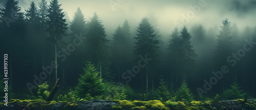 Foggy mysterious pine forest, banner