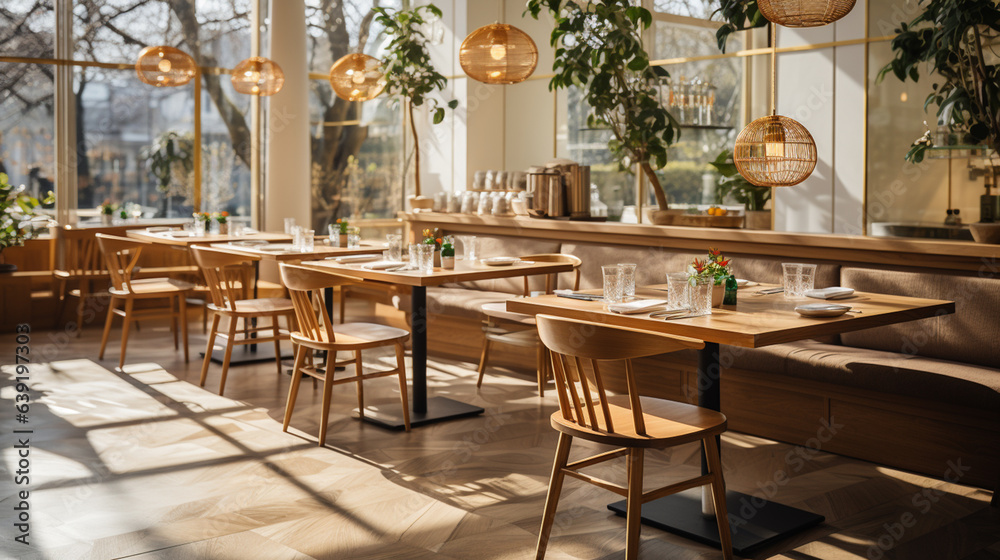 Obraz premium Restaurant interior background, modern decorated with green plant for a touch of natural fresh tone with warm lighting and for urban lifestyle concept restaurant, bar, coffee shop