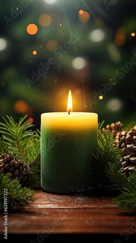 Green aromatic candle on a wooden table against the background of a Christmas tree