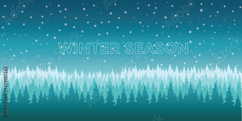 White snow falling with blue winter sky and pine forest. Merry Christmas, New Year background, banner, poster, card.