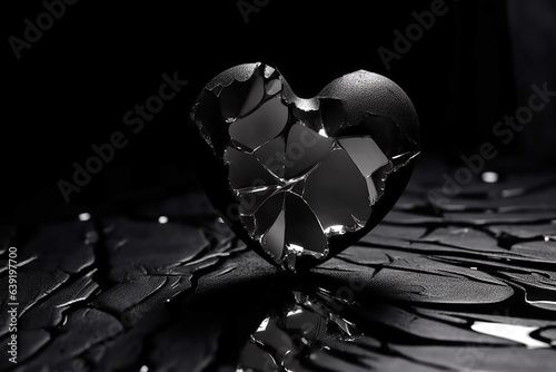 broken glass black heart with cracks on dark background. Concept of separation and breakup of relationships