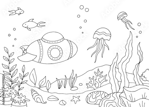 Underwater submarine graphic sea black white sketch illustration vector 