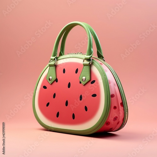 Stylish original pink women's handbag in the form of a watermelon on a pink background. AI generated.