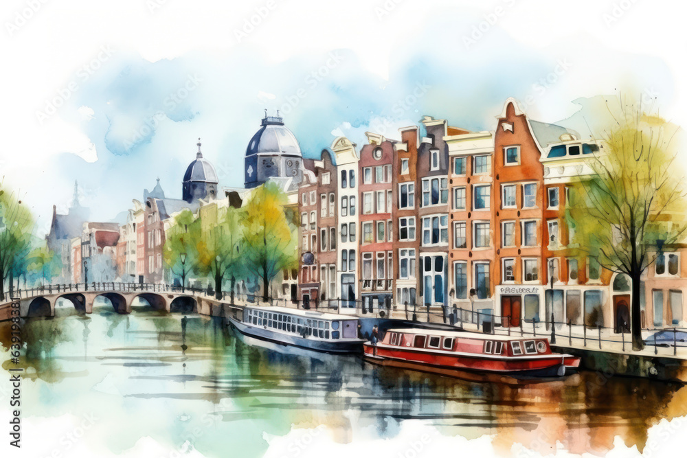 Watercolor Tale of Amsterdam's Historic Charms. Capturing the Soul of Holland's Enchanting Canals, Architectural Treasures, and Riverside Serenity.
