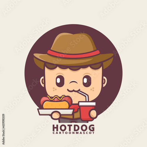 cute cartoon mascot with hotdogs and drinks