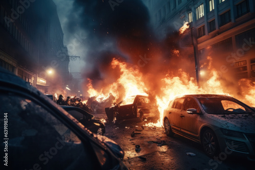 City engulfed in revolutionary riots, burning buildings and cars during protests.