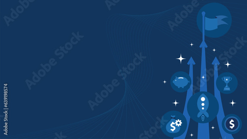 Financial growth concept vector banner design with rising arrow, rocket , money bag , piggy bank , trophy and coin icons on a dark blue background. Grow finance modern minimal poster.