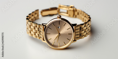 Schöne goldene Armbanduhr mit Gliederarmband und Retro Stil als Produktfotografie, ai generativ 