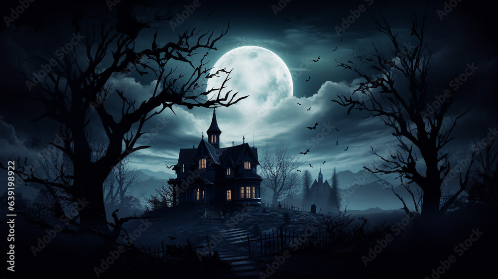 Eerie Haunted House Silhouette under the Moonlight