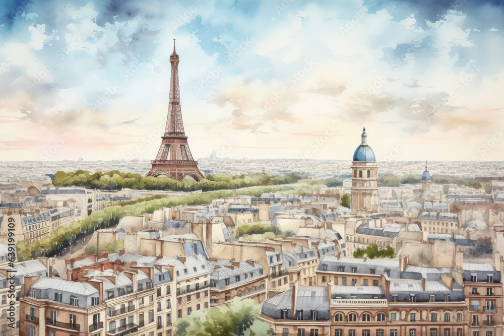 Iconic Parisian skyline painted in delicate watercolors: Eiffel Tower and urban charm. A snapshot of timeless beauty.