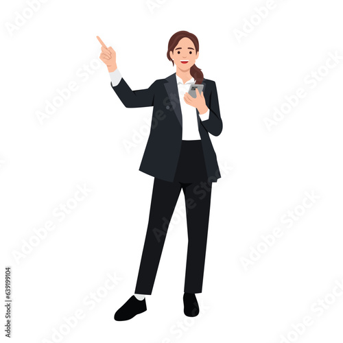 Young Business woman holding smartphone and pointing up. Pretty girl in smart casual office outfit. Flat vector illustration isolated on white background