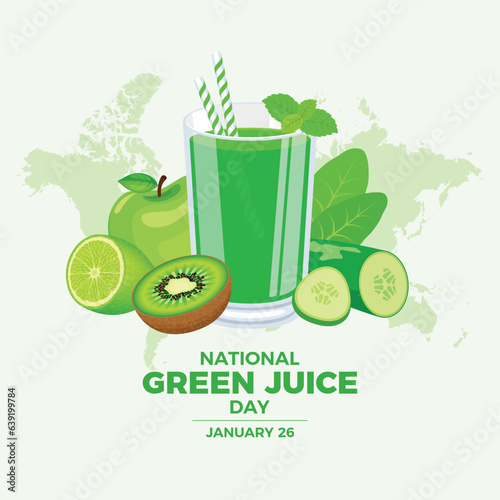 National Green Juice Day vector illustration. Healthy green fruit and vegetable juice icon vector. Glass of green smoothie drawing. January 26 every year. Important day