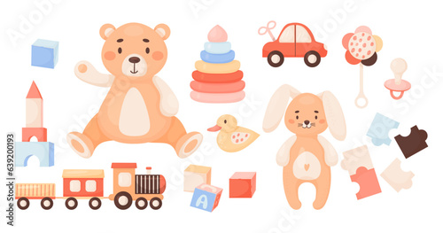 Collection children toys. Cute Teddy bear and bunny, duck and pyramid, cubes, train, clockwork car, rattle and pacifier. Isolated vector illustration in cartoon style. Kids collection.