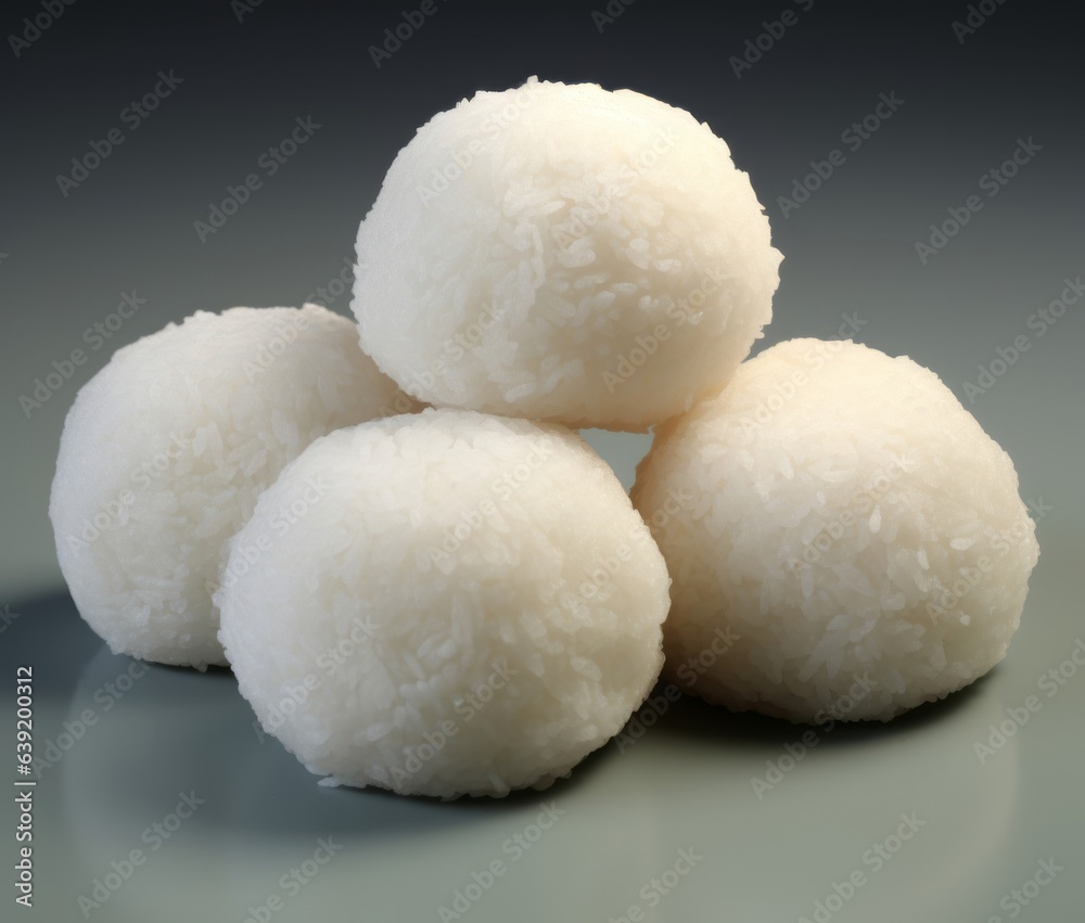 A delicious assortment of rice balls on a wooden table