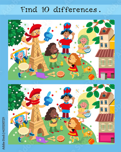 Find 10 hidden differences. Educational puzzle game for children. Group of fans of different nationalities. Vector cartoon scene. Funny people in Paris.
