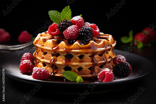 a plate of waffles topped with delicious fruit