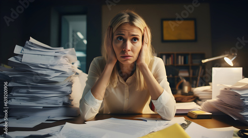 Portrait of caucasian Businesswoman sitting and working hard at with front of computer and lots of documents on the table in workplace with serious action, Work hard and too late concept. AI generated