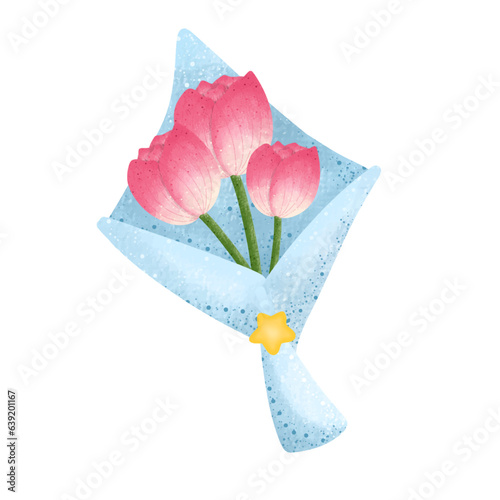Pink tulip flower bouquet,floral,Flower,plant,flora,nature,watercolor,cartoon character,cute,icon ,vector, illustration,hand drawn