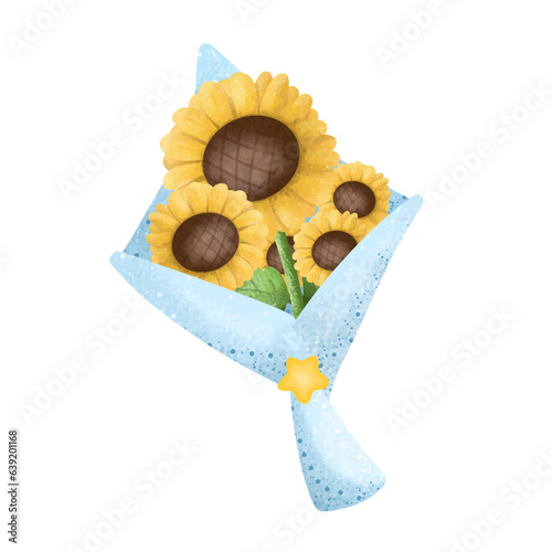 sunflowers bouquet, leaves, branches, fern leaves, Bright watercolor,nature,watercolor,cartoon,cute,icon ,vector, illustration,hand drawn