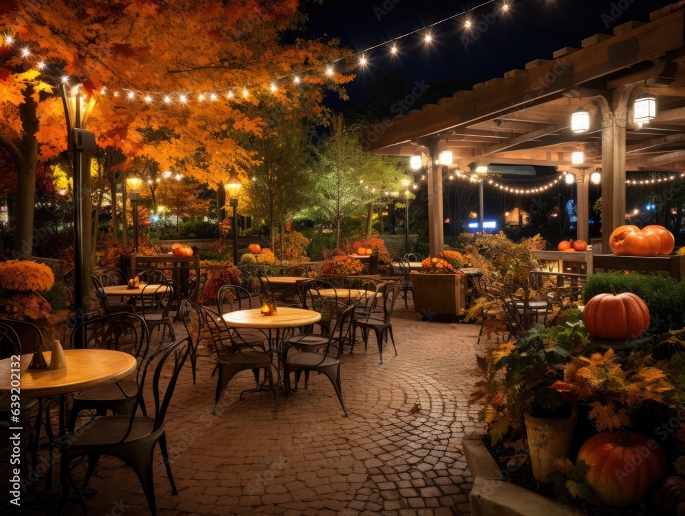 An outdoor café aglow with string lights, patrons enjoying pumpkin-spiced drinks, evoking a cozy autumn evening ambiance.