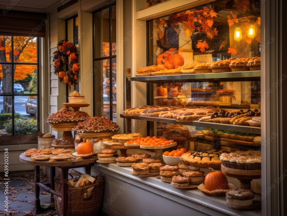 An artisanal bakery showcasing pumpkin pies and apple tarts, the alluring aroma inviting passersby to savor seasonal treats. An artisanal bakery showcasing pumpkin pies and apple tarts, the alluring aroma inviting passersby to savor seasonal treats.
