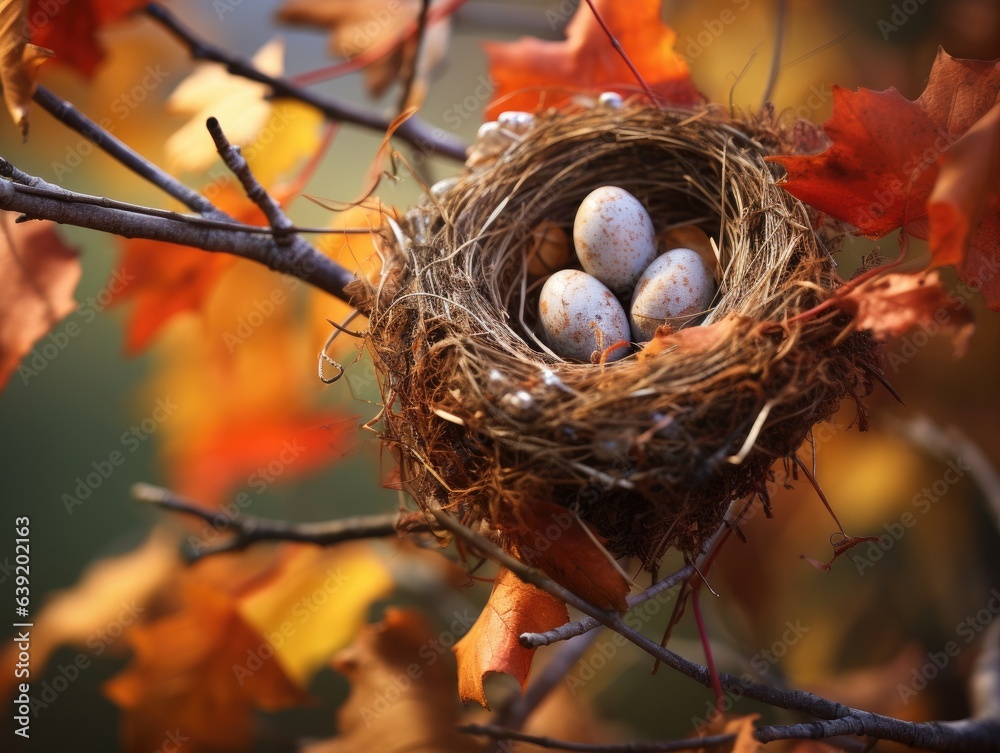 A close-up of a bird's nest with eggs on an autumnal tree branch, highlighting life's fragile beauty amidst seasonal change. A close-up of a bird's nest with eggs on an autumnal tree branch, highlighting life's fragile beauty amidst seasonal change.