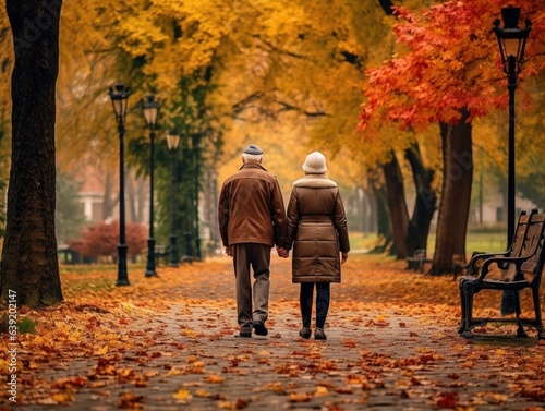 An elderly couple hand-in-hand  strolling through a leaf-covered park path  reminiscing about many shared autumns.
