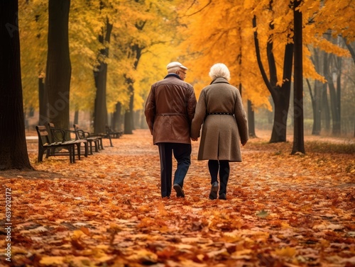 An elderly couple hand-in-hand, strolling through a leaf-covered park path, reminiscing about many shared autumns.