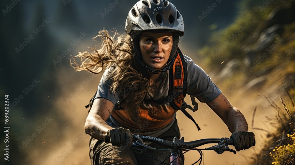 An active woman riding a sports bike on a mountain trail, in summer mountains, in the forest Female cyclist riding a bicycle on a mountain trail, in summer mountains, in the forest An active woman riding a sports bike on a mountain trail, in summer mountains, in the forest Female cyclist riding a bicycle on a mountain trail, in summer mountains, in the forest