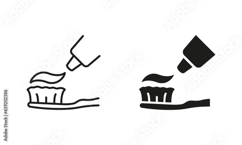 Toothbrush with Toothpaste Tube Silhouette and Line Icon Set. Tooth Hygiene, Oral Hygienic Tool. Hygiene Accessory Pictogram Collection. Teeth Care Equipment Symbol. Isolated Vector Illustration