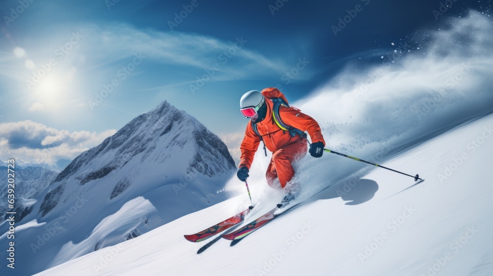 Snowy mountain skier. Beautiful illustration picture. Generative AI