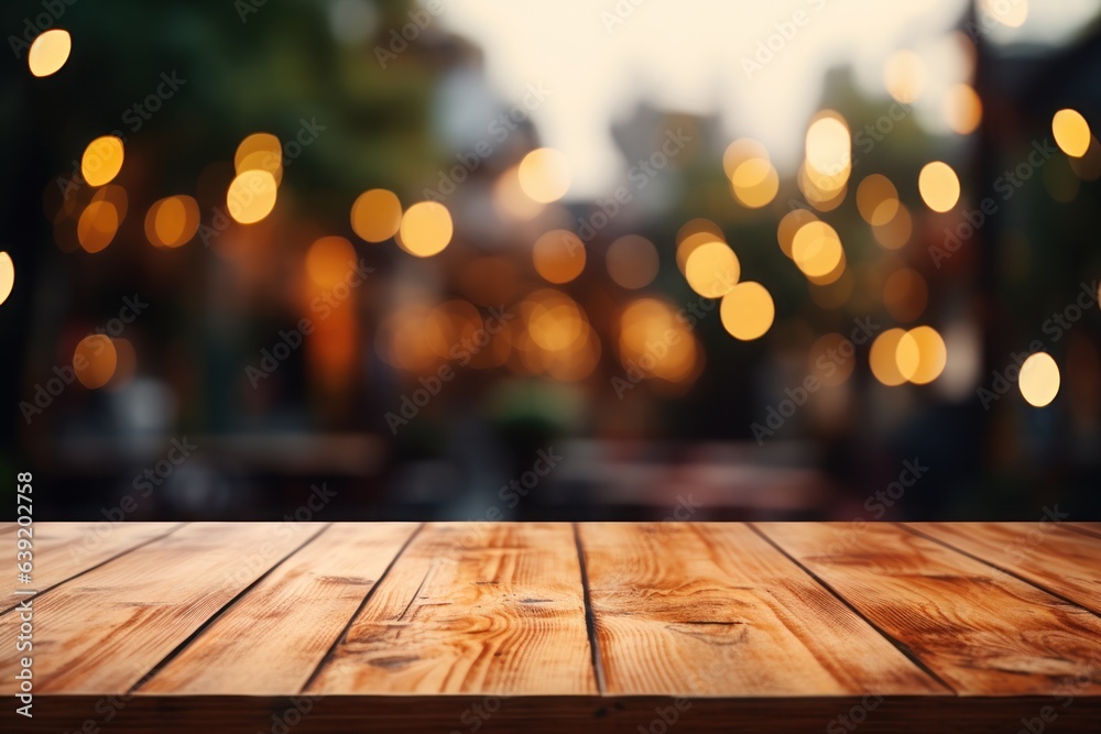 Empty wood table top landscape perspective with isolated on rainy background. Generative AI.