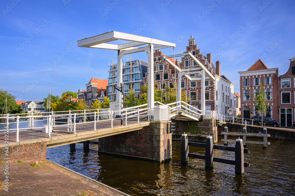 Gravestenenbrug - Bridge on Spaarne River and Old Canal Houses in Haarlem, Netherlands