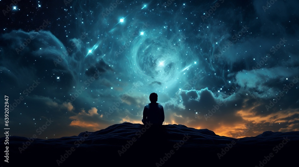 Starry sky, man is sitting and looking. Beautiful illustration picture. Generative AI