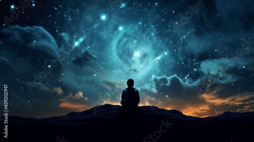 Starry sky  man is sitting and looking. Beautiful illustration picture. Generative AI